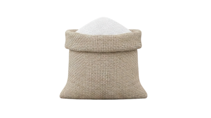 3D Burlap sack filled with white granules on transparent background