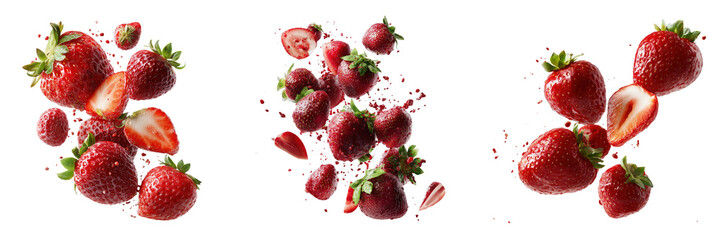 Red strawberries with green leaves flying isolated on a transparent background