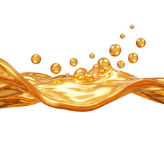 Golden liquid splash with bubbles on white background