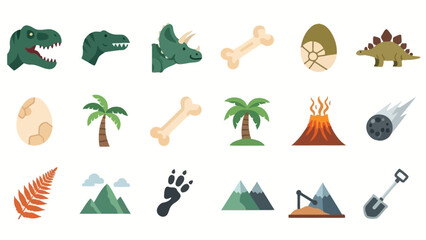 A vibrant collection of dinosaur-themed icons, featuring various prehistoric creatures, fossils, plants, and geological events. © Airwj
