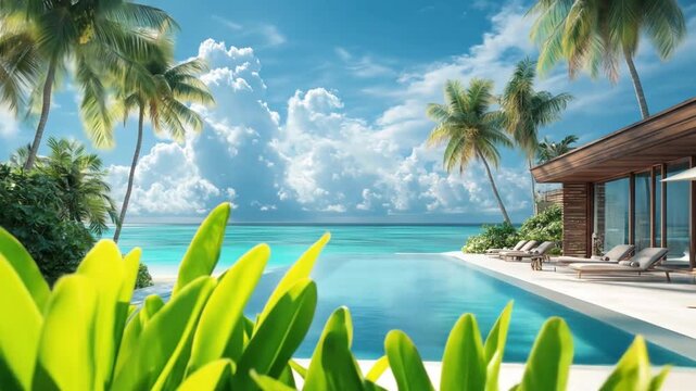 Vibrant tropical resort with infinity pool, turquoise ocean, palms, and luxury villa