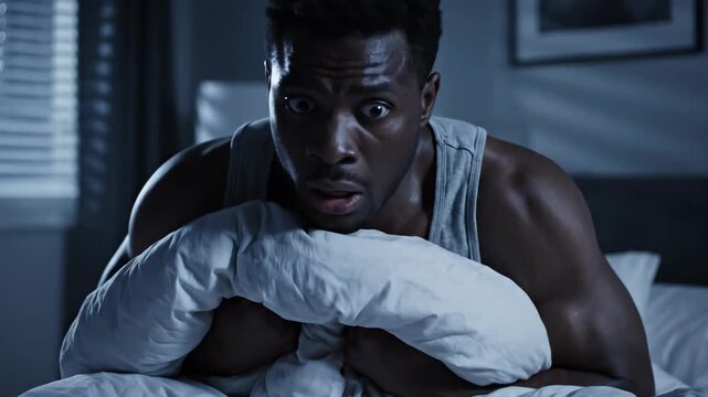 Terrified Man Jolts Awake in a Dark Bedroom, Clutching His Comforter in Abject Horror.