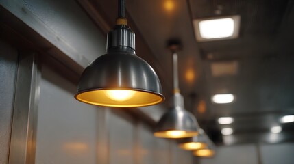 A row of industrial pendant lights hangs from a ceiling casting a warm yellow glow on a commercial interior