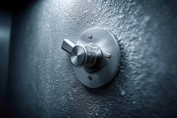 Close-up vault door with round handle, brushed metal texture and dramatic shadow