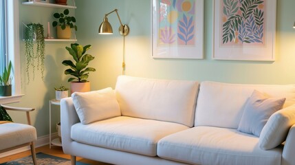 Modern  Living  Room, Interior, Sofa, Pink, Wall, Frames, Minimalist Home, Decor, Inspiration, Residential, Apartment, Space, Bright, Cozy, Scandinavian, Style, Lounge, Morning, Sunlight. Background