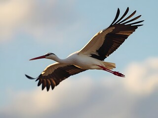 Obraz premium White Stork in Flight with Black Wing Tips against Blue Sky with White Clouds in Natural Lighting for Wildlife Photography