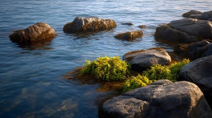 Rocks and vibrant green seaweed submerged in clear blue ocean water with gentle ripples under soft twilight sunlight