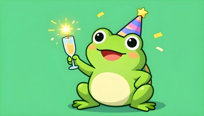 Fototapeta premium Happy new Year, new year's eve, new years eve, party, celebration, new year card, funny animals greeting card with text - frog with sparkler, champagne glass and party hat, isolated green background