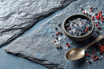 Sea salt flakes in bowl with peppercorns and metal spoon on dark stone