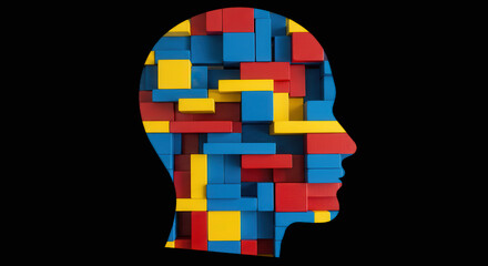 A vibrant and abstract rendering of the human mind is composed with geometric colored blocks.
