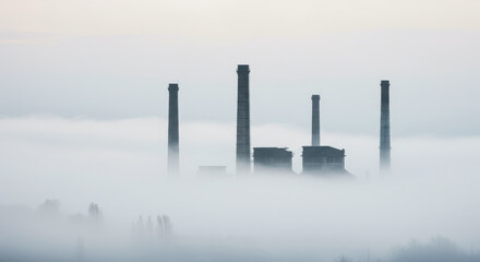 Silhouetted factory emerges ethereally from the heavy fog, creating a moody atmosphere.