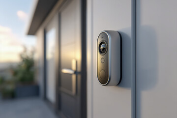 Modern smart doorbell mounted beside sleek metal door handle on contemporary front door