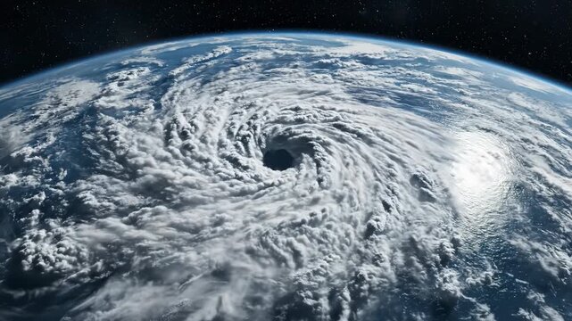 Extreme slow motion view of a colossal swirling white hurricane storm system dominating a large ocean area on the surface of the spinning Earth climate, view, epic