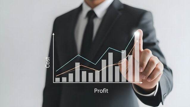 Businessman analyzing profit growth and cost reduction chart