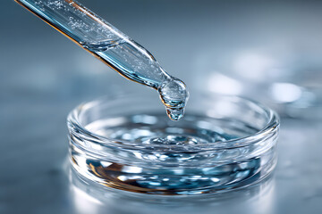 glass pipette releasing a single controlled drop into a clear petri dish, clean beauty cosmetic science scene