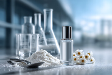 Photorealistic collagen peptide white powder in a laboratory setting. Ideal for dietary supplement, nutrition, functional food, pharmaceutical, and clean health ingredient concepts.