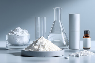 Photorealistic collagen peptide white powder in a laboratory setting. Ideal for dietary supplement, nutrition, functional food, pharmaceutical, and clean health ingredient concepts.