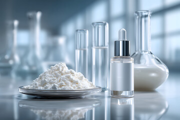 Photorealistic collagen peptide white powder in a laboratory setting. Ideal for dietary supplement, nutrition, functional food, pharmaceutical, and clean health ingredient concepts.