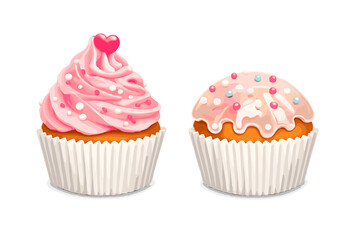 Two delicious cupcakes with pink frosting and sprinkles