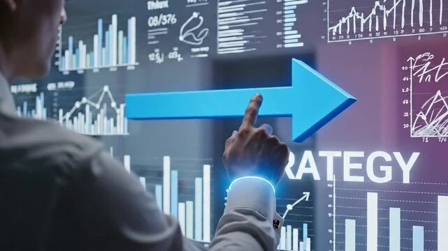 Businessman Interacting With Futuristic Digital Strategy Display Showing Growth Charts.