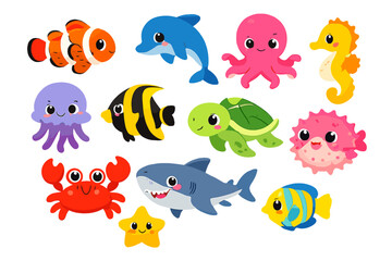 Fototapeta premium Cute Cartoon Sea Creatures with Glowing Aura