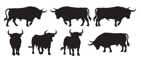 Fototapeta premium six silhouettes of powerful spanish bulls 
