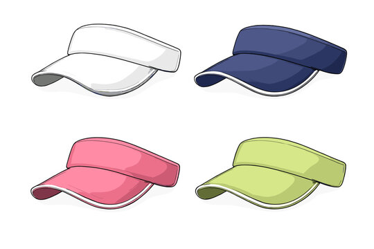 Four colorful visor caps on a gradient background