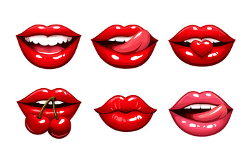 Collection of six glossy red lips with different expressions