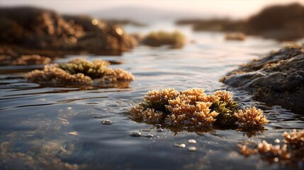 Golden hour sunlight illuminates vibrant coral formations in a shallow rocky tidal pool