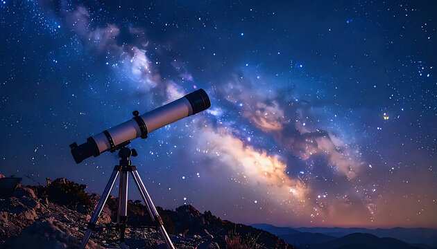telescope pointing to the starry night sky with detailed milky way galaxy background