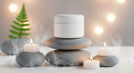 Spa Wellness Cream Jar Mockup With Zen Stone And Candle Setup.
