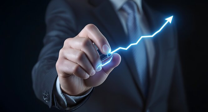 Businessman drawing glowing blue arrow graph. - Powered by Adobe