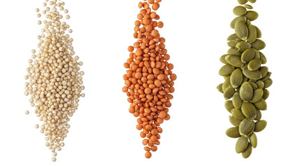Collection of quinoa, lentils, and pumpkin seeds on transparent background