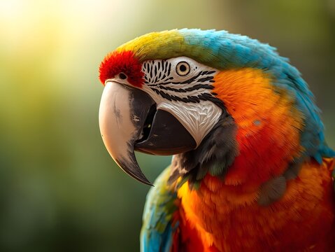 Colorful Macaw Parrot in Vibrant Plumage with Warm Soft Lighting in Close-up Portrait for Wildlife Conservation