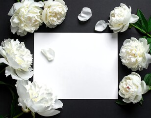 White peonies and scattered petals framing blank paper on black background
