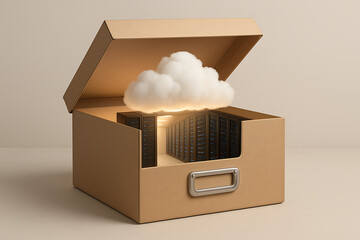 Professional data center and server hosting concept showing a large cardboard storage box containing rows of server racks and a fluffy white cloud for storage