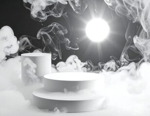 White podiums with swirling smoke against a glowing orb background