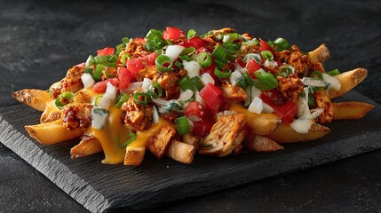 Loaded cheesy fries with savory chicken, crisp tomatoes, and fresh scallions, served on a rustic slate plate. Perfect as a shareable appetizer or indulgent snack. A symphony of flavors!