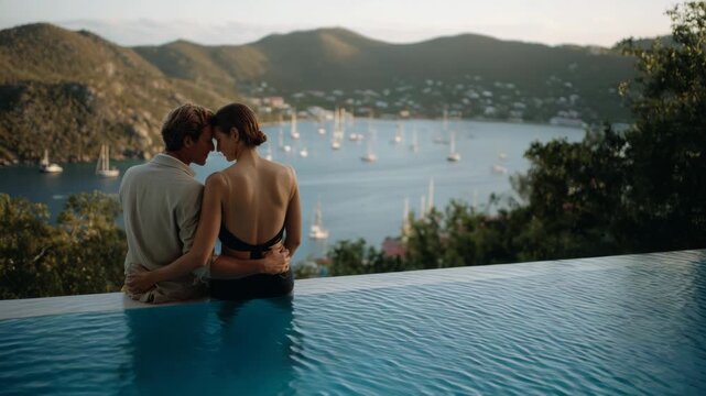 Romantic couple enjoying sunset view by infinity pool overlooking bay with sailboats