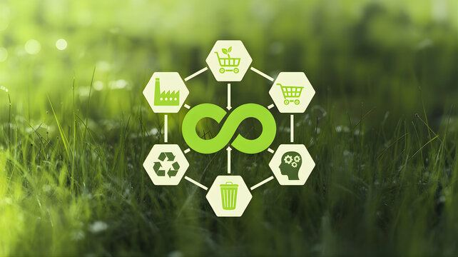Circular economy concept with recycling symbols and infinity loop, representing sustainable resource management and environmental consciousness