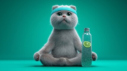 A gray cat sits in a yoga meditation pose against a solid green background, wearing a fitness headband beside a bottled lime drink. The image combines wellness culture, humor and lifestyle branding 