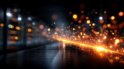 Glowing orange light particles floating in dark server room corridor, illuminated data center equipment, technology visualization, cloud computing, defocused background, with copy 