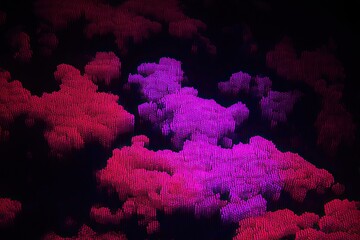 Pixelated, textured clouds in vibrant pink, red, and purple hues