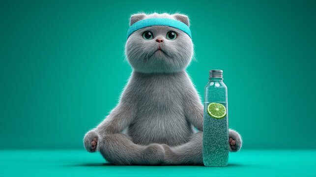 A gray cat sits in a yoga meditation pose against a solid green background, wearing a fitness headband beside a bottled lime drink. The image combines wellness culture, humor and lifestyle branding  - Powered by Adobe