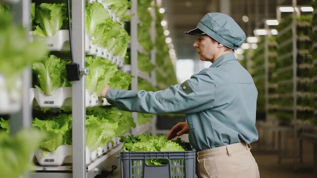 Smooth slow motion shot of worker harvesting organic lettuce from vertical hydroponic tower, camera positioned at side three-quarter angle capturing shoulders arms and movement while face is turned aw