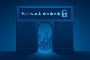 Digital gateway with a password lock field leading to a blue city skyline representing cybersecurity urban data protection privacy network security and authorized access control