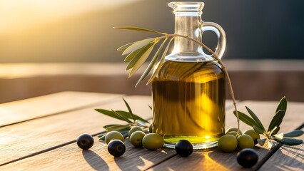 Golden Virgin Olive Oil Bottle with Fresh Olives and Branch on Wooden Table at Sunset