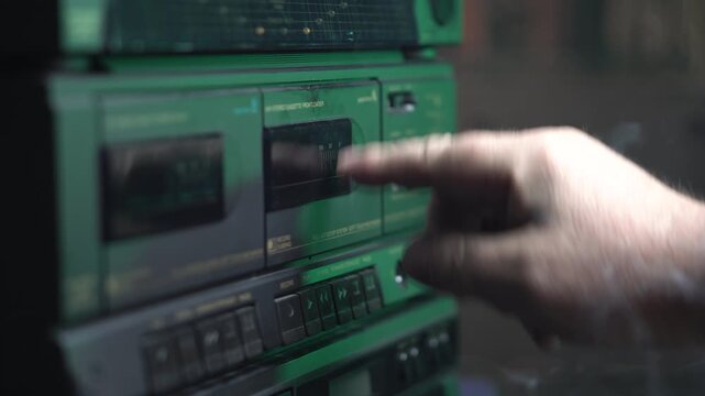 Playing Music on Audio Cassette Tape. Inserting and Pressing Play Button, Cigarette Smoke