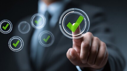 A person selecting the correct option. Green checkmarks are highlighted indicating success.  This implies validation and completion, symbolizing task achievement, and process sign-off.