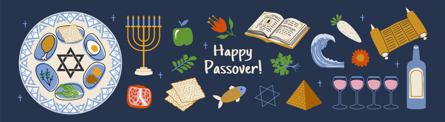 Passover Jewish Holiday Symbol Set. Seder Plate, Matzah, Haggadah, and Four Wine Glasses. Traditional Israel Pesach Greeting Card and Icon Vector Design.